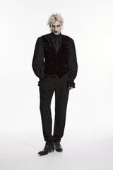 Black/Red V Collar Printed Slim Buckled Men's Gothic Retro Velvet Vest - Product - 5