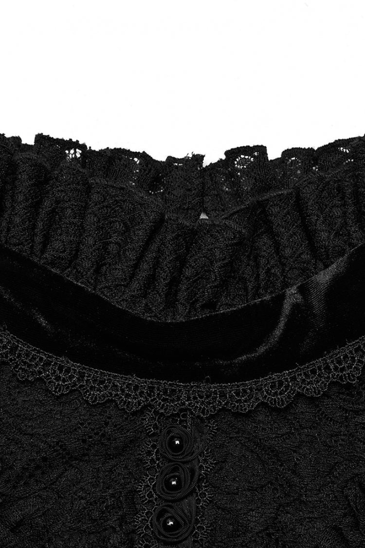 Black Stand Collar Long Trumpet Sleeves Stitching Lace Women's Gothic Dress - Product - 5