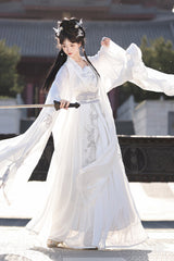 White [Silver Moon] High Waisted Embroidered Women's Classic Hanfu Dress Full Set - Product - 5