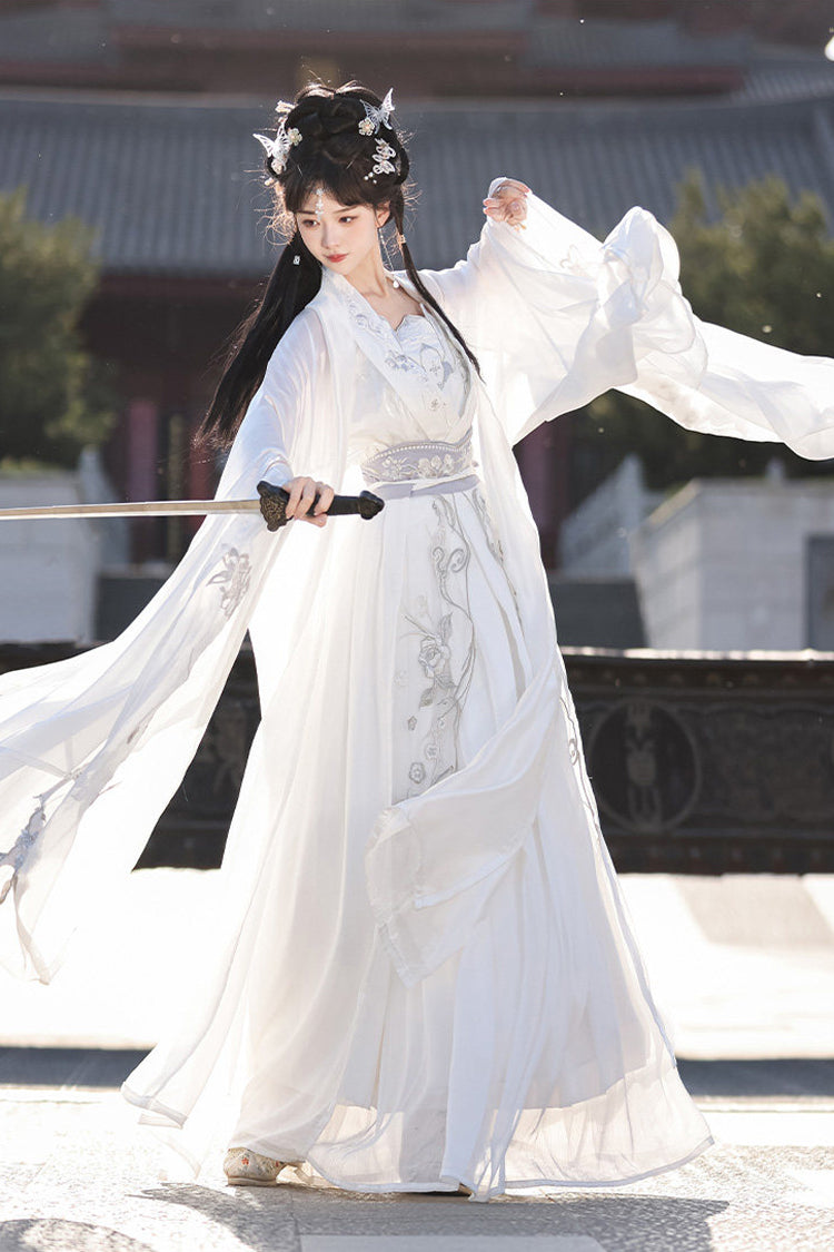 White [Silver Moon] High Waisted Embroidered Women's Classic Hanfu Dress Full Set - Product - 5