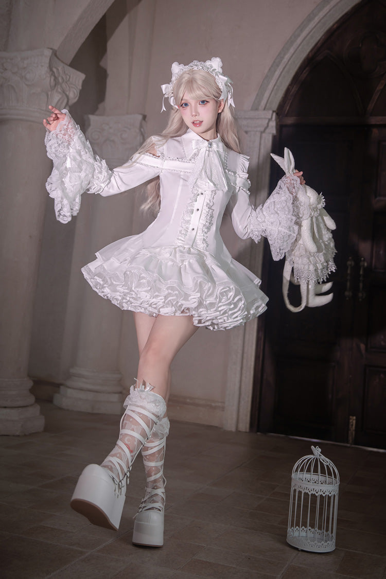 White [Snowy Night Princess] Lapel Collar Long Hime Sleeves Ruffled Bow Lace Gothic Jirai Kei Japanese Skirt Set - Product - 4
