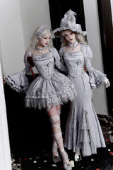 Silver Grey [Twilight] Ruffle Lace Irregular Gothic Witch Lolita Fishtail Skirt Set - Product - 2