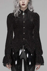 Striped Velvet Metal Retro Button Lace Cuff Back Waist Lace Up Women's Gothic Blouse - Black - 1