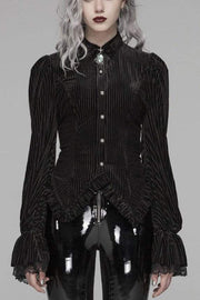 Striped Velvet Metal Retro Button Lace Cuff Back Waist Lace Up Women's Gothic Blouse - Black - 1