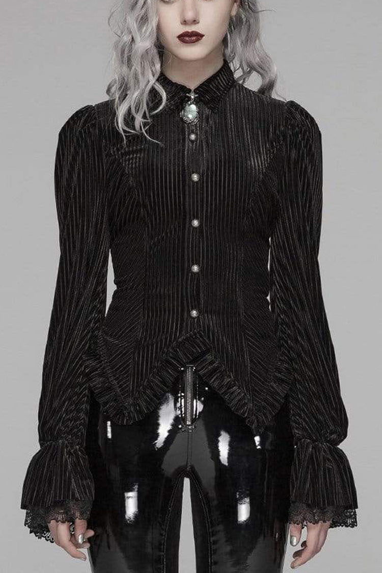 Striped Velvet Metal Retro Button Lace Cuff Back Waist Lace Up Women's Gothic Blouse - Black - 1