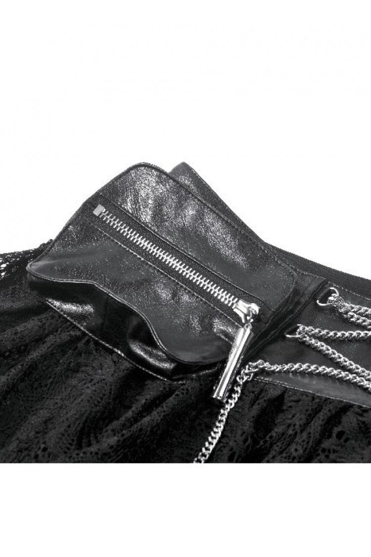 Black Chain-Decorated Eyelet Buckled Straps Lace Women's Gothic Mini Skirt - Product - 14