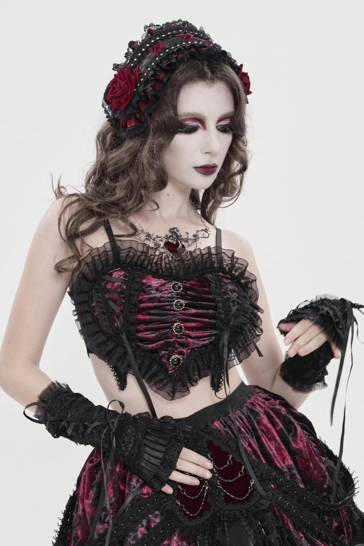 Black/Red Off Shoulder Bow Lace Color-Blocked Strappy Pleated Women's Gothic Corset - Product - 11
