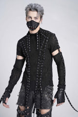 Black Long Sleeves Strap Lace-Up Irregular Mesh Men's Gothic T-Shirt - Product - 4