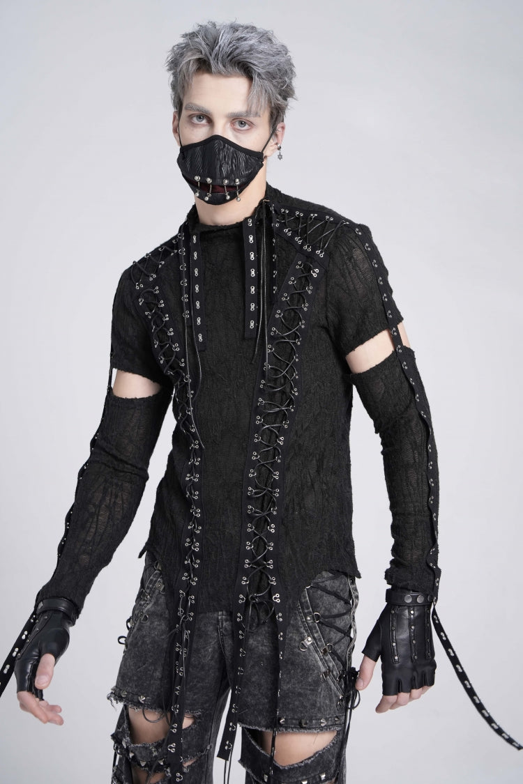Black Long Sleeves Strap Lace-Up Irregular Mesh Men's Gothic T-Shirt - Product - 4