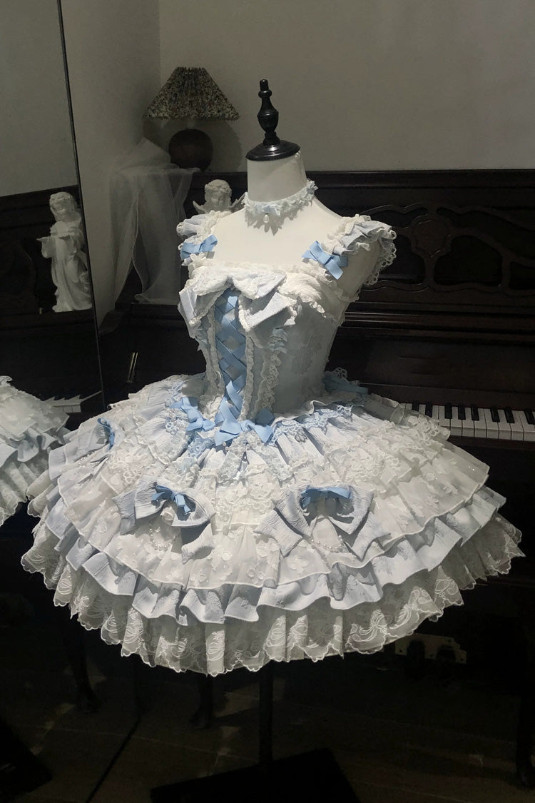 Blue [Honey Sweet Tart] Square Collar Sleeveless Multi-Layered Jacquard Ruffled Bow Lace Lace-Up Lolita Jsk Dress - Product - 4