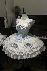 Blue [Honey Sweet Tart] Square Collar Sleeveless Multi-Layered Jacquard Ruffled Bow Lace Lace-Up Lolita Jsk Dress - Product - 4