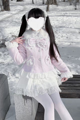 [Diamond Strawberry] Long Sleeves Bow Lace Pearl-Decorated Sweet Jirai Kei Lolita Coat 3 Colors - Product - 4