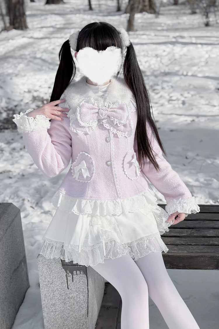 [Diamond Strawberry] Long Sleeves Bow Lace Pearl-Decorated Sweet Jirai Kei Lolita Coat 3 Colors - Product - 4