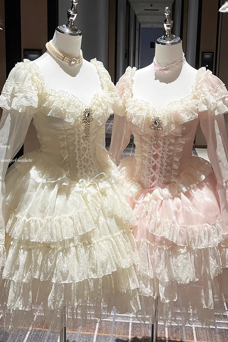 Princess Off Shoulder Multi-Layered Ruffle Bowknot Lace Sweet Elegant Lolita Strapless Dress - Product - 3