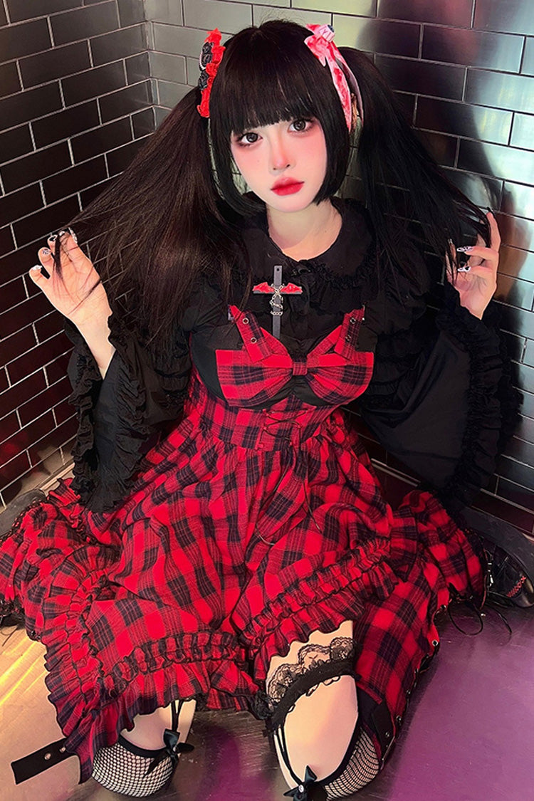 Red Scarlet Abby Style Irregular Plaid Printing Gothic Lolita JSK Dress - Product - 5