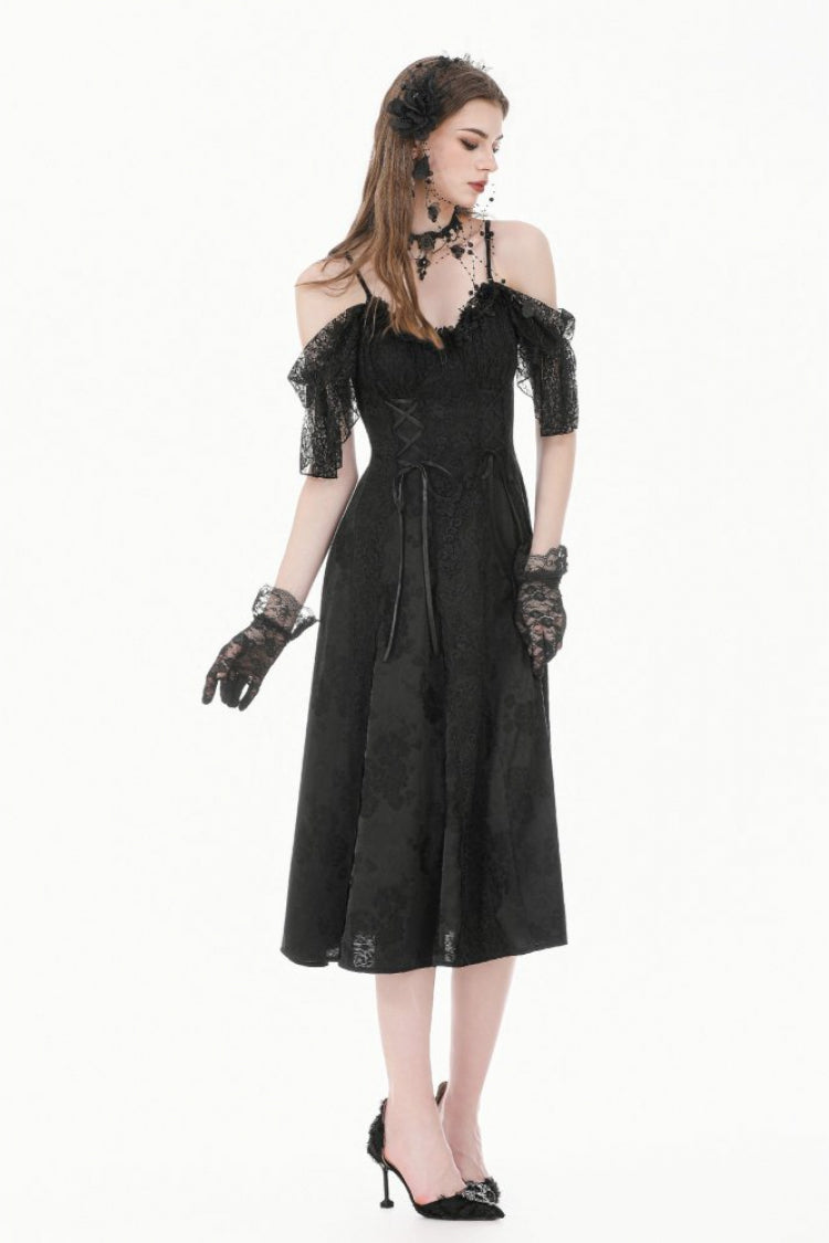 Black Off Shoulder Lace Flutter Sleeves Jacquard Side Corset Lace-Up Women's Gothic Slip Dress - Black - 1