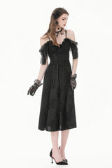 Black Off Shoulder Lace Flutter Sleeves Jacquard Side Corset Lace-Up Women's Gothic Slip Dress - Black - 1
