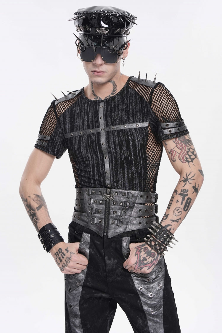 Black Multi-Layered Studded Zippered Eyelet Men's Punk Cool  Girdle - Black - 1