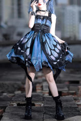 Black/Blue Butterfly Effect Sleeveless Print Girdle Version Gothic Punk Lolita Dress - Black/Blue - 1