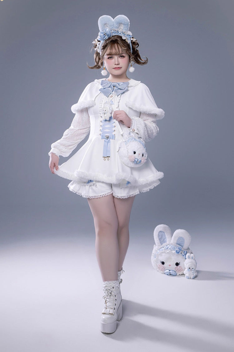 White Long Sleeves Ruffle Bowknot Lace-Up Japanese Jirai Kei Dress Shorts Plush Set - Product - 10