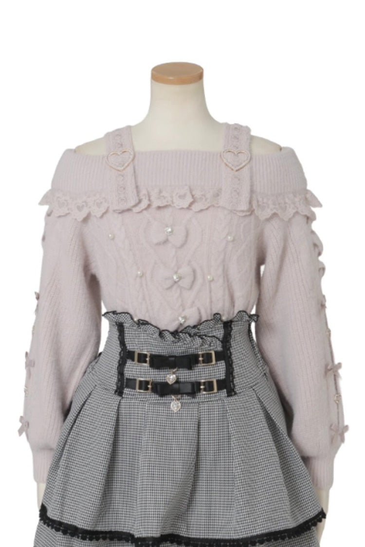 [Fluffy Heart] Boat Neck Long Sleeves Bow Jirai Kei Elegant Knitwear - Pink - 3