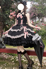 Black [Miss Pearl] Sleeveless Double-Layered Bowknot Lace Lace-Up Sweet Lolita Jsk Dress - Product - 3