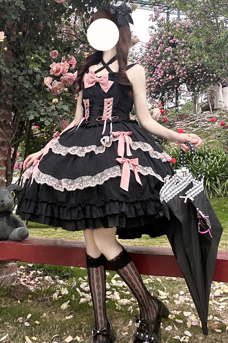 Black [Miss Pearl] Sleeveless Double-Layered Bowknot Lace Lace-Up Sweet Lolita Jsk Dress - Product - 3