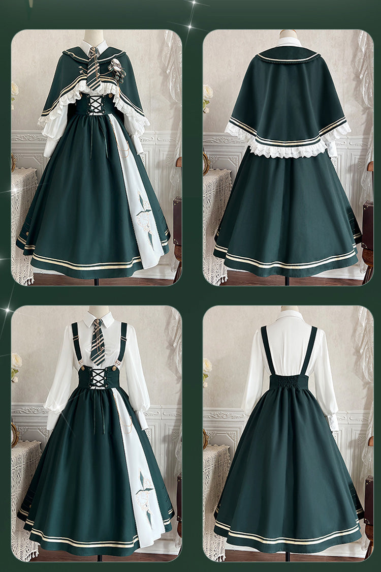 Green Time Traveler Print College Style Sweet Lolita Strap Dress 4 Piece Set - Product - 6