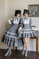 Grey [Letters and Poems · Old Memories] Stand Collar Long Sleeves Double-Layered Ruffled Bow Classic Elegant Lolita Dress 2 Versions - Product - 8