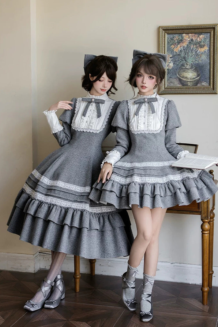 Grey [Letters and Poems · Old Memories] Stand Collar Long Sleeves Double-Layered Ruffled Bow Classic Elegant Lolita Dress 2 Versions - Product - 8