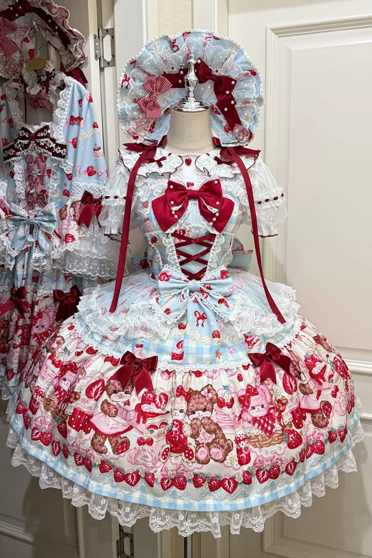 Red/Blue [Sweet Berry Bunny Bear] Printed Bow Lace Lace-Up Sweet Lolita Jsk Dress - Red/Blue - 1