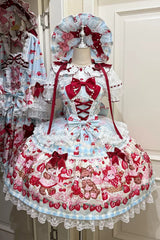 Red/Blue [Sweet Berry Bunny Bear] Printed Bow Lace Lace-Up Sweet Lolita Jsk Dress - Red/Blue - 1