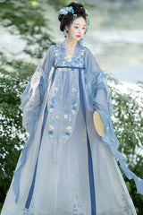 Blue [Princess Of The Sea] Hime Sleeves High Waisted Embroidered Women's Sweet Hanfu Dress Set - Product - 2