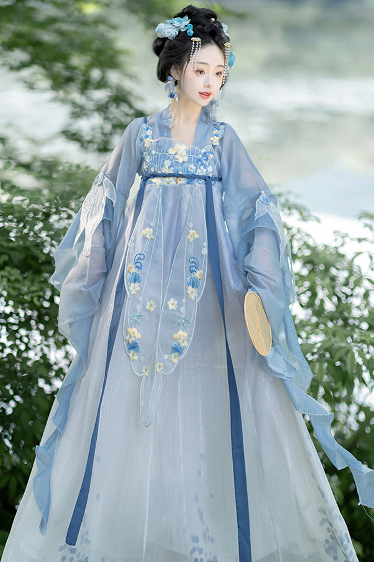 Blue [Princess Of The Sea] Hime Sleeves High Waisted Embroidered Women's Sweet Hanfu Dress Set - Product - 2