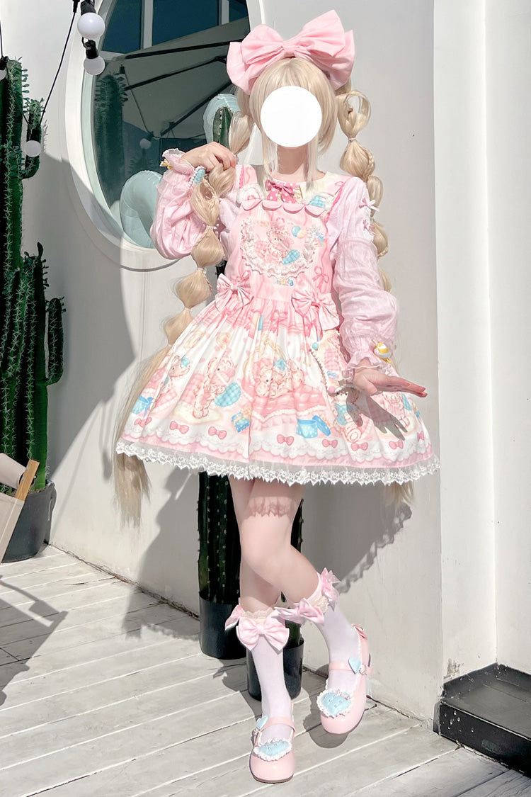 Kawaii Bears Print Pink Bowknot Stitching Lace Sweet Lolita Strap Dress - Product - 2