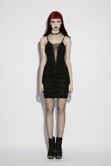 Black Off Shoulder Cut-Out Lace-Up Slim Pleated Women's Gothic Strap Dress Graduation Dress - Product - 2