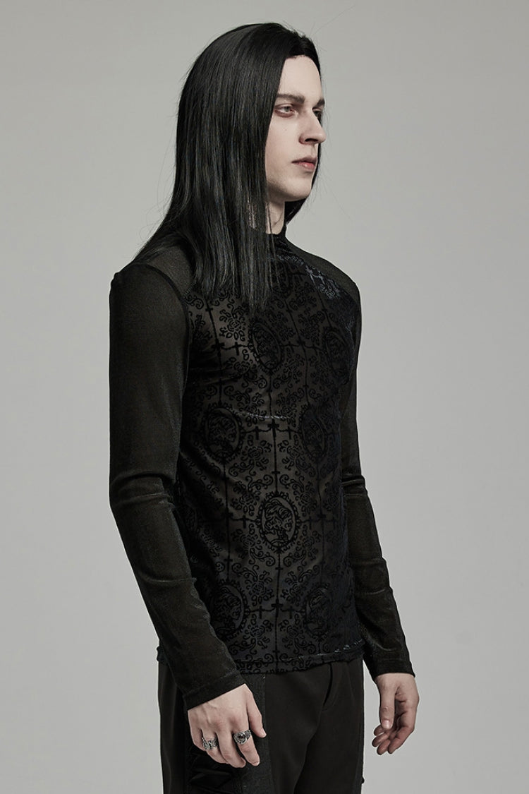 Black Stand Collar Long Sleeves Embroidery Cross Flocking Men's Gothic Blouse - Product - 2