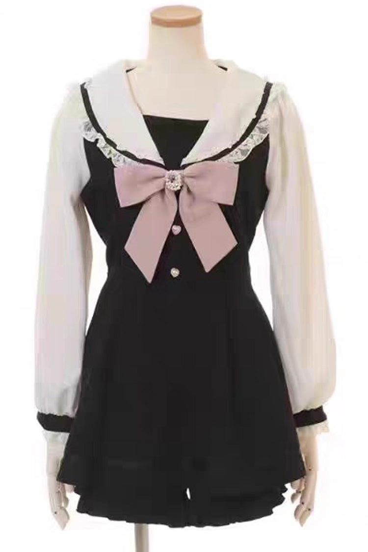 Jirai Kei Long Sleeves Bowknot Lace Sweet Dress Set 3 Colors - Black - 2