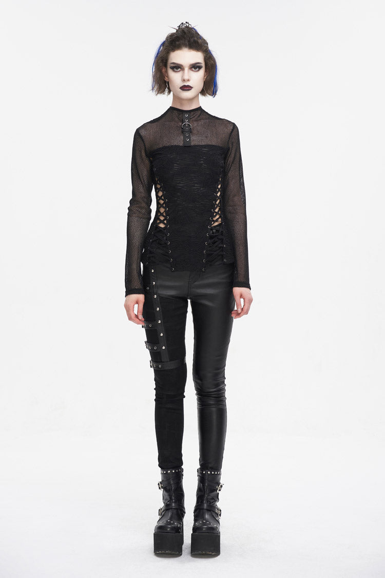 Black Strappy Mesh Splice Ruched Women's Punk Shirt - Product - 3