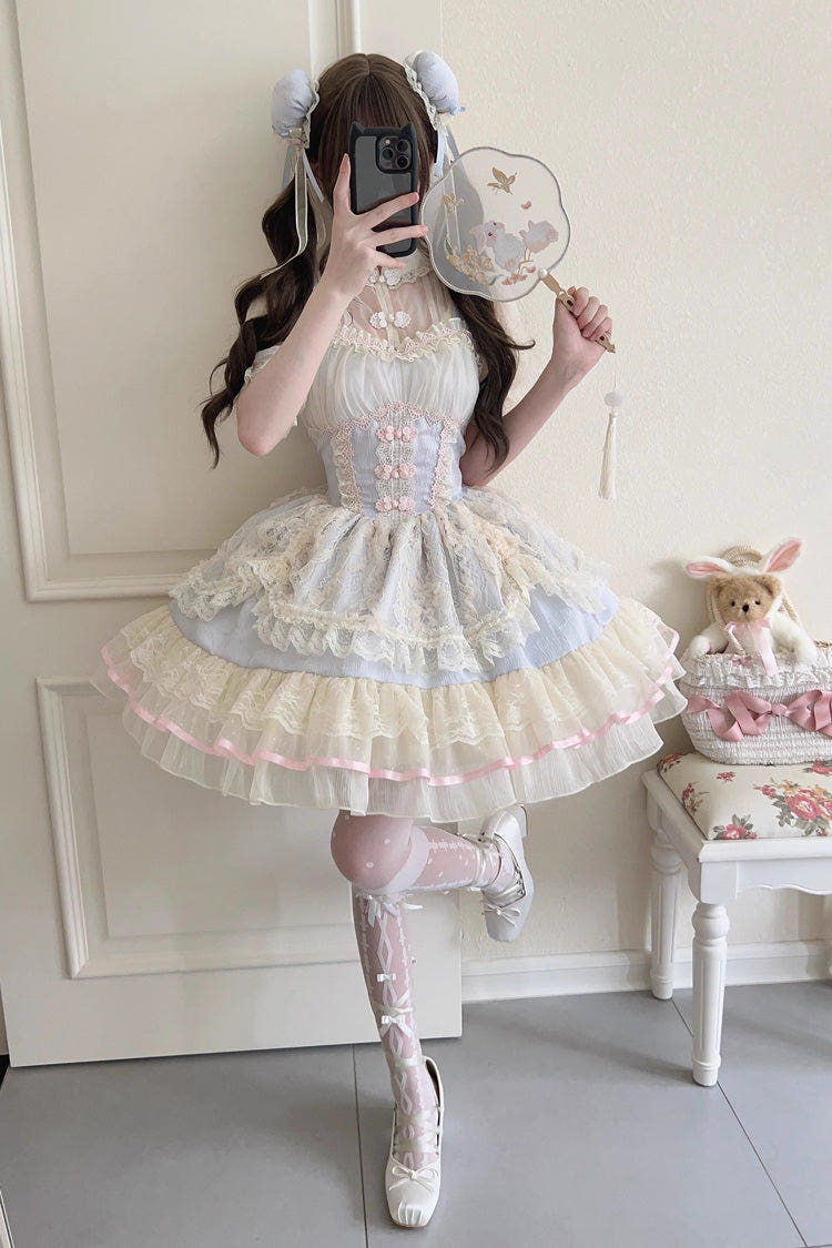 Flower Bud Halterneck Print Ruffle Lace Sweet Chinese Ballet Style Lolita Jsk Dress 3 Colors - Blue - 1
