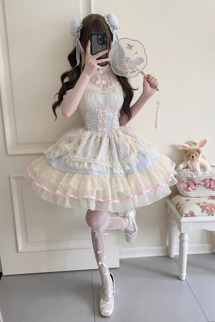 Flower Bud Halterneck Print Ruffle Lace Sweet Chinese Ballet Style Lolita Jsk Dress 3 Colors - Blue - 1
