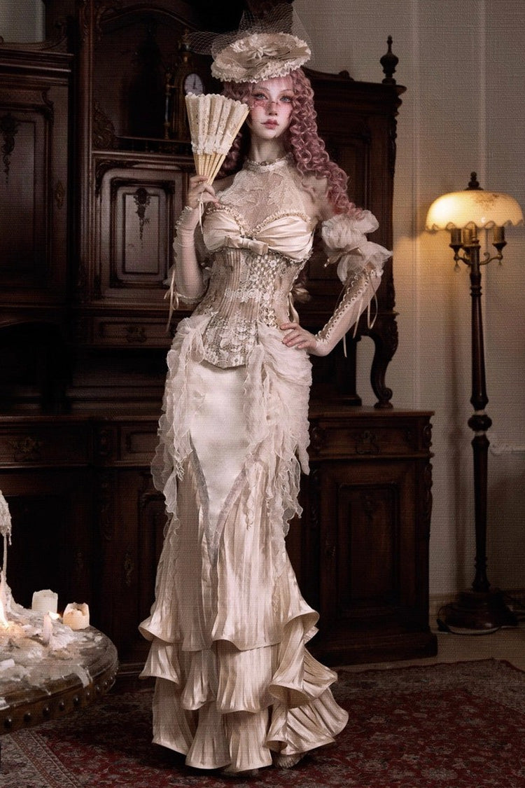 Golden [Cupid’s Poetry Box] Halterneck Ruffled Embroidered Bow Lace Slim Fishbone Gothic Lolita Top and Skirt Dress Set - Product - 3