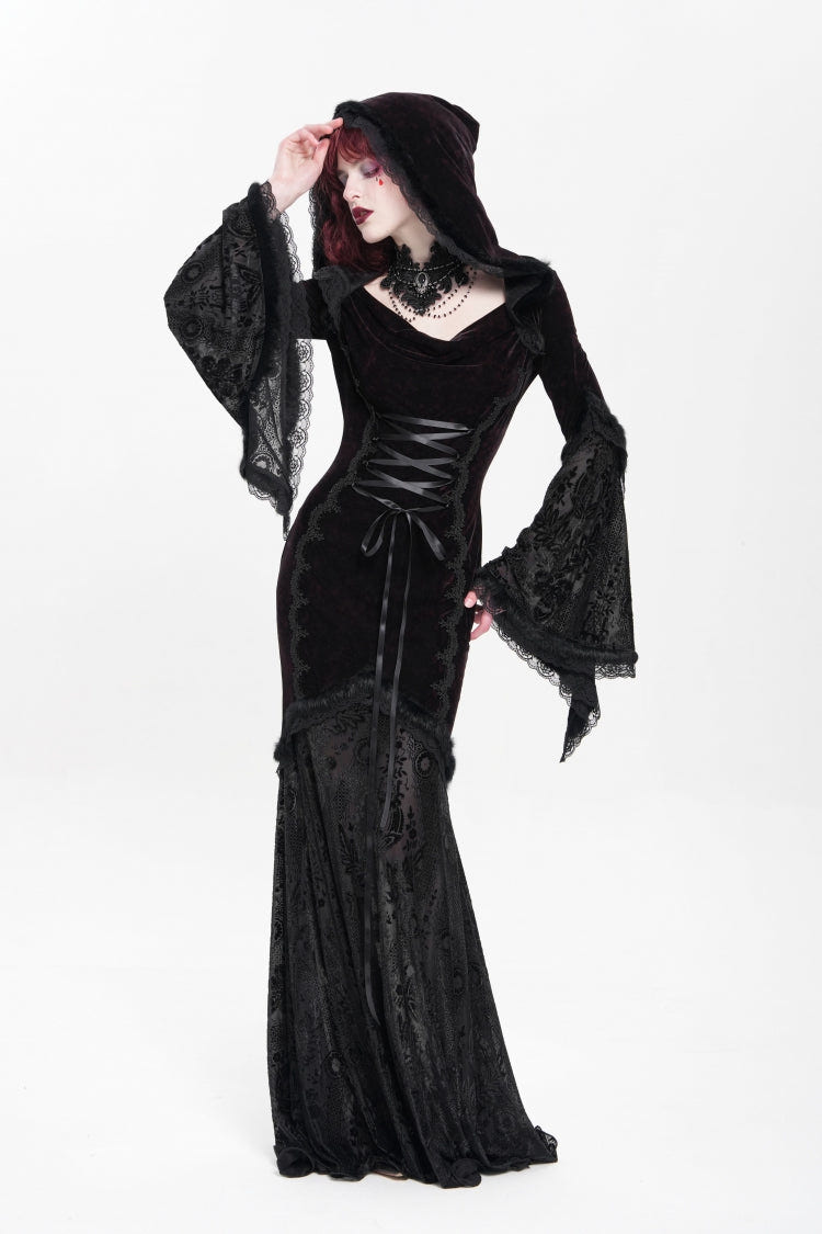 Black/Red Long Trumpet Sleeves Embroidery Stitching Lace Hooded Mesh Women's Gothic Dress - Product - 6