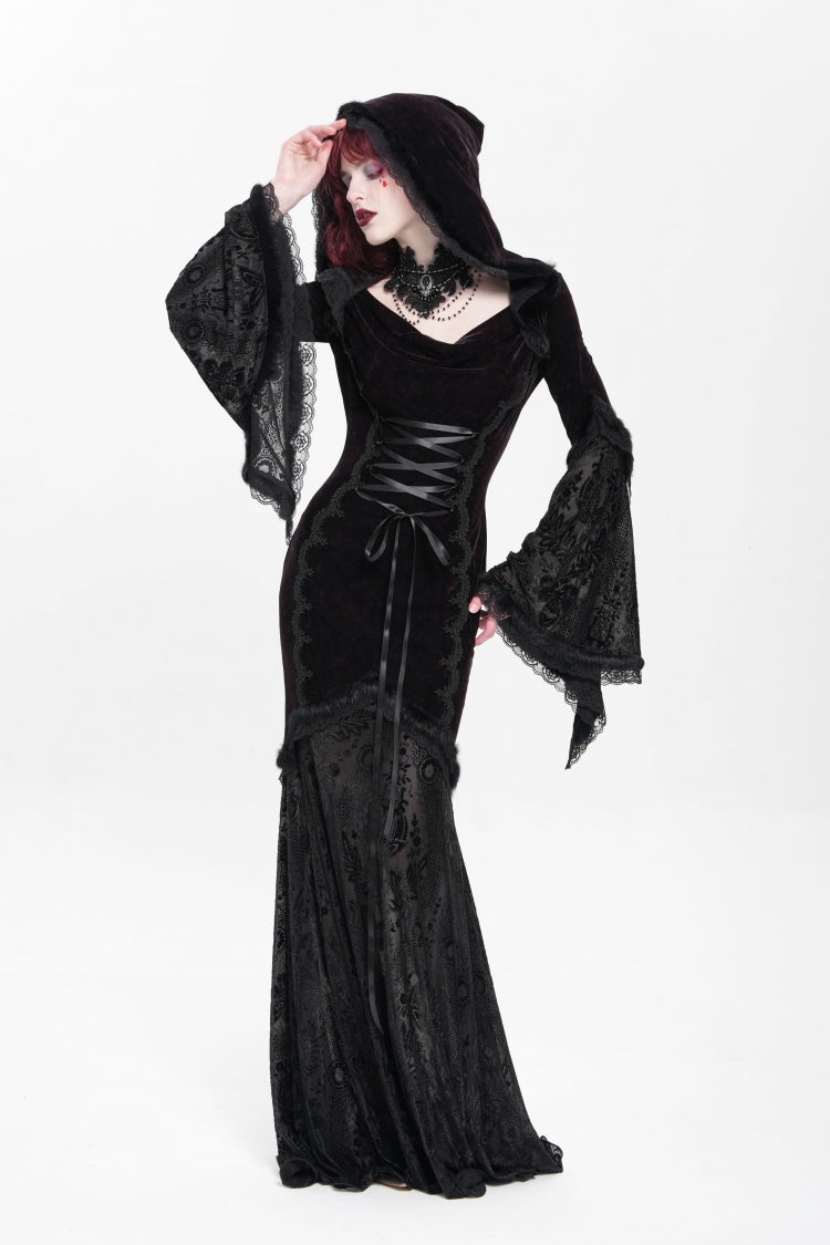 Black/Red Long Trumpet Sleeves Embroidery Stitching Lace Hooded Mesh Women's Gothic Dress - Product - 6