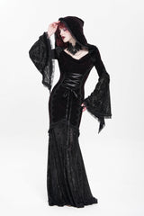 Black/Red Long Trumpet Sleeves Embroidery Stitching Lace Hooded Mesh Women's Gothic Dress - Product - 6