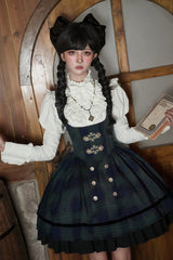 Blue/Green [Berlin's letter] Double-Layered Plaid Print Ruffle Bowknot Classic College Style Lolita Strap Dress Set 2 Versions - Product - 6