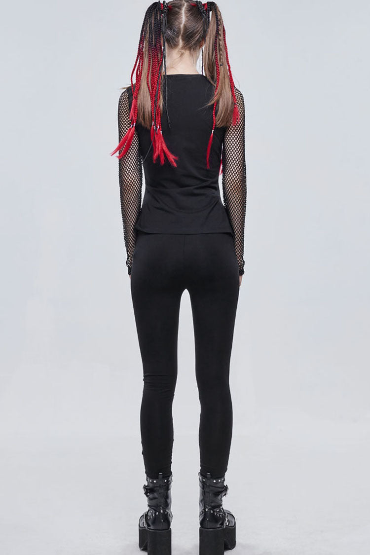 Black Gothic Stretch Knitted Fabric Spliced Mesh Devil Sheep Head Pattern Printing Women's Leggings - Product - 12