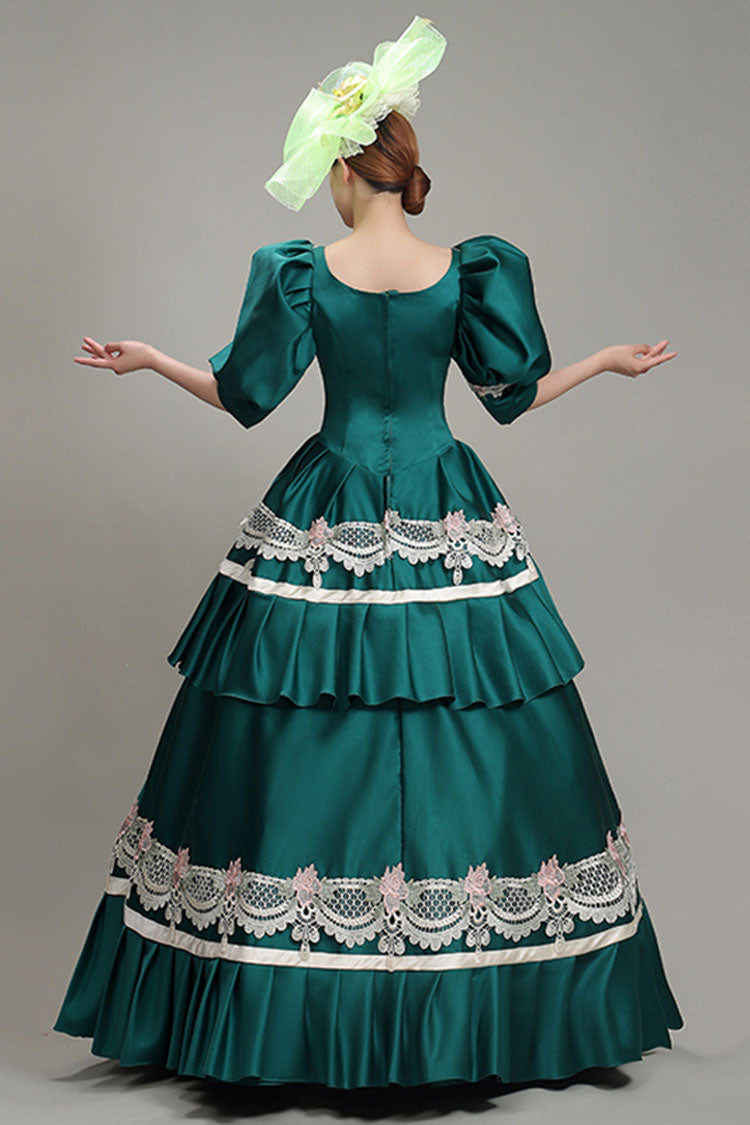 Green Lantern Sleeves High Waisted Lace Stitching Hollow Embroidery Print Victorian Lolita Tiered Dress - Product - 4