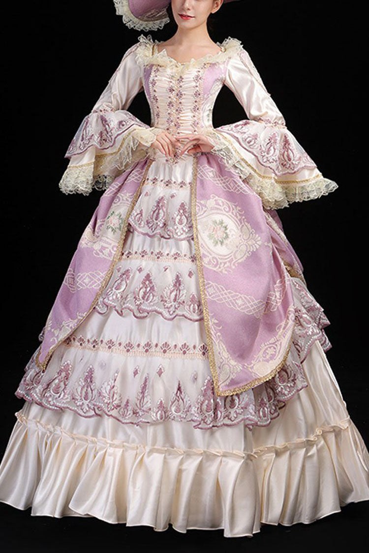Pink/Champagne Trumpet Sleeves High Waisted Ruffled Multi-Layer Hollow Embroidery Print Victorian Lolita Prom Dress - Pink/Champagne - 1