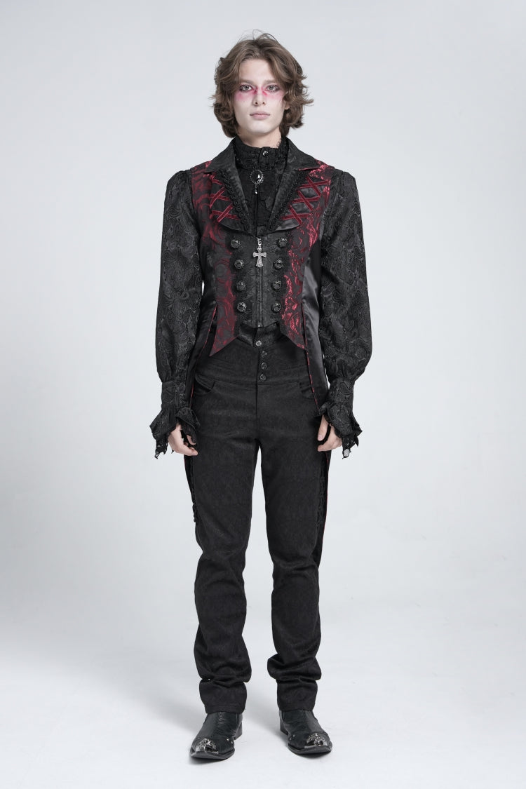 Black/Red Sleeveless Lace-Up Zipper Men's Gothic Swallow-tailed Vest - Product - 5